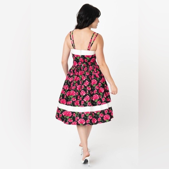 Unique Vintage Black Pink Floral Contrast-Trim Darienne A-Line Dress Size S/4 - Picture 2 of 12